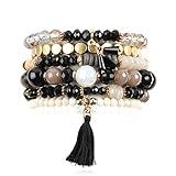 RIAH FASHION Multi Layer Versatile Statement Bracelets - Stackable Beaded Strand Stretch Bangles Sparkly Crystal, Wood Bead, Tassel Charm (Charm Tassel - Black)