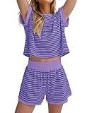 Burtell Women Summer 2 Piece Lounge Sets Striped Short Sleeve Tee Shirts Mini Shorts Loungewear Shorts Set Ribbed Pajama Set Purple