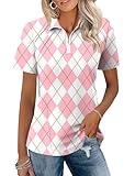 LOMON Womens Activewear Tops Golf Shirts Curved Hem Short Sleeve Half Zip Shirt Lightweight Polo with Side-Pockets (White Pink Argyle,X-Large)