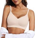 OEAK Womens Push Up Everyday Bras Comfortable Wireless Bralettes V Neck Seamless Bra Smooth Brassiere Wire Free Basic Bras Nude L