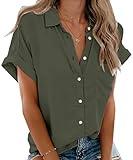 Beautife Womens Short Sleeve Shirts V Neck Collared Button Down Shirt Tops with Pockets Army Green