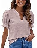 Blooming Jelly Womens Puff Sleeve Summer Tops Chiffon Short Sleeve Blouses White V Neck Pom Pom Shirts (X-Large, Pink)