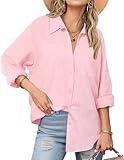 Zeagoo Summer Cotton Long Sleeve Tops for Women Light Weight Linen Button Up Shirt V Neck Btton Down Pink