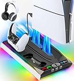 Rysker PS5/Slim/Pro Stand for Disc & Digital Console, PS5 Cooling & Charging Station with RGB Ambient Lighting, PS5 Controller Charger Built-in 3 Level Fan, PS5/Slim/Pro Accessories Comes 3 USB Ports