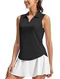 TBMPOY Women's Black Golf Shirts Sleeveless Polo Tennis Tank Tops Breathable Dry Fit Collared Shirt Lightweight Stretch S