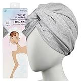 CONAIR Cotton Twist & Wrap Hair Towel, Fast Drying Ultra-Absorbent Hair Plop for All Types and Lengths, Turban-Style Cotton Towel Helps Maintain Natural Curl Style, Gray