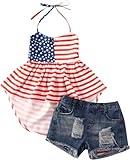 Toddler Baby Girl Fourth of July Outfits Halter Star Top + Ripped Hole Denim Shorts Kids Girl 4th of July Clothes Set (Striped Flag, 3-4 T)