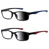LKEYE Sport Reading Glasses Men Photochromic Lens Blue Light Blocking Computer Reader Wide Style Spring Hinge Eyeglasses 2Pack Red Blue LK6082 +1.50 Strength