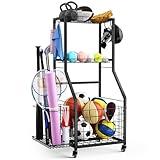 DUDUXI Sports Equipment Garage Organizer,Garage Ball Storage Rack for Sports with Wheels-Upgraded 3 Layers Sports Organizer Rack Outdoor Basketball Racks for Balls with Holder and Hooks