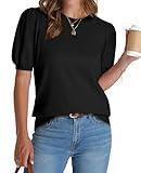 Short Sleeve Sweater for Women Trendy Womens Tops 2025 Spring Summer T Shirts Puff Sleeve Business Casual Outfits Work Clothes Petite Ladies Tops Dressy Casual Lightweight Sweaters Black Small