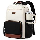 LOVEVOOK Laptop Backpack for Women with Pouch Pocket for Large Capacity Cup,15.6 Inch Laptop Computer Bag Travel Backpack Purse,Waterproof Work Business Backpack College Teacher Bags,Beige-Black-Brown