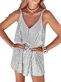 MIYIEONZ Women Sequin Sexy V Neck Shift Dress Sparkly Glitter Sleeveless Short Flowy Loose Party Night Out Club Dress Silver