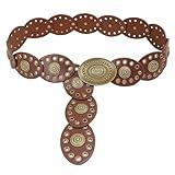 Western Chunky Wide Disc Belt for Women Boho Hollow Concho PU Leather Brown Waist Cowgirl Belt for Dresses Jeans with Metal Buckle