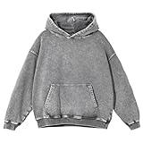 SnowElve Mens Hoodies Vintage Oversized Hoodie Acid Wash Couples Cotton Pullover Hoodies for Men Streetwear Sweatshirts(Grey,L)