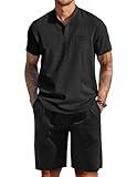 COOFANDY Men's Cotton Linen Sets 2 Piece Summer Outfits Short Sleeve Henley Shirts and Shorts Beach Casual Yoga Pants Set