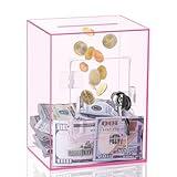 Clear Piggy Bank for Adults Kids, Large Acrylic Piggy Bank Money Saving Box for Cash Saving with Key, Openable Clear Acrylic Savings Jar for Real Money (Pink)