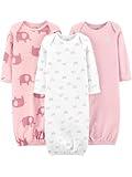 Simple Joys by Carter's Baby Girls' Cotton Sleeper Gown, Pack of 3, Light Pink Bunny/White Rainbow/Elephants, 0-3 Months