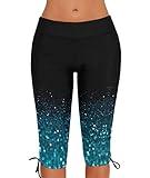 Urchics Womens Plus Size Rash Guard Capris Long Swim Shorts Tankini Bottom Sporty Green Star 4X