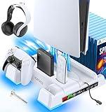 PS5/Slim/Pro Stand and Cooling Station with LED Controller Charging Station for PlayStation 5 Console, Controller Charger, Cooling Stand, PS5/Slim/Pro Accessories Kit with 3 Level Cooler Fan