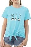Girl's T-Shirt Tie Knot Cat Print Short Sleeve Lovely Loose Casual Summer Novelty Tops Size 10-11years