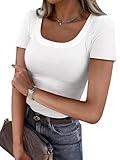 ANRABESS Women Short Sleeve Tops Scoop Neck Ribbed Knit Slim Fitted Basic Tee Shirts 2025 Casual Summer Trendy Clothes White Large