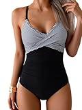 B2prity Women's One Piece Swimsuits Tummy Control Front Cross Bathing Suits Tie Back Slimming V Neck Swimwear Black Stripe