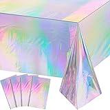 FunnyPars 4 Pack Iridescent Plastic Tablecloths Shiny Disposable Laser Rectangle Table Covers Holographic Foil Tablecloth Iridescent Party Decoration