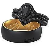 Rinfit Matching Silicone Rings for Couples - Silicone Wedding Bands Sets for Him and Her - His and Hers Ring - Patented Design - Pear - Black & Two Tone - Black/Gold - Women 8 & Men 10