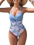 ZAFUL Women's One Piece Swimsuits Cut Out Tummy Control Twist Front Bathing Suit Sexy Tie Back Push Up Slimming Swimwear Floral Blue