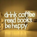 Looklight Drink Coffee Read Books Be Happy Neon Sign Warm White Read Books Led Neon Light for Wall Decor Dimmable USB Neon Light Up Signs for Classroom Coffee Shop Bookstore Library Museum Study Room