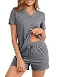 Becotal Womens Pajama Sets Ribbed Knit 2 Piece Lounge Set Loungewear Pj Sets V Neck Short Sleeve Top and Shorts with Pocket Sleep Set Summer Dark Gray XX-Large