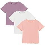 Dalukit 3 Pack Toddler Girl T-Shirts Ruffle Short Sleeve Baby Girls Top Basic Solid Ribbed Knite Casual Tees for Little Kid