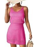 Dokotoo Bathing Suit Cover Ups for Women 2025 Trendy Summer Fashion Scoop Neck Sleeveless Spaghetti Straps Waist Crochet Hollow Out Knit Sexy Short Bikini Beach Dress Essentials Hot Pink Small