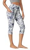 ODODOS Women's High Waisted Pattern Capri Leggings with Pockets, Non See Through Sports Athletic Workout Running Yoga Capris, Purple Gray Line, Medium