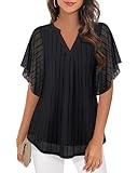 Timeson Womens Blouses Dressy Casual,Womens Short Sleeve Tops Business Shirts for Women Office Professional V Neck Flowy Tunics Tops Ladies Work Outfits Summer Formal Career Clothes Black Stripe M