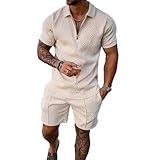 BIRW Size L Beige Mens Short Sets 2 Piece Outfits Polo Shirt Fashion Summer Tracksuits Casual Set Sleeve and Shorts for Men