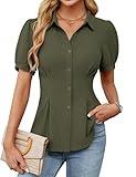 Blooming Jelly Womens Business Casual Tops Dressy Button Down Dress Shirts Peplum Pleated Trendy Summer Outfits 2025 (Large,Army Green)