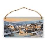 CDSASHCA Snowy Bridge & Town Scene Wooden Sign Wooden Sign 12x6 Inch Hanging Art Plaque Minimalist Wood Decor Great for Home Decor Signs & Winter Enthusiasts Must - Have for Art - Loving Families