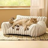Bedsure Cute Couch for Pets - Fluffy Pet Sofa with Premium Soft Corduroy Fleece, Fuzzy Cat Beds for Indoor Cat with Removable Washable Cover, Supportive Pet Chair, 24inch, Cream