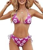 SEAFORM Womens Two Piece Bikini Set Vintage Print Sexy Swimwear Halter String Triangle Swimsuit Back Self Tie Spaghetti Strap Pink