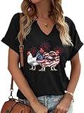 Funny Chicken V-Neck T-Shirt for Women Farm Country Casual Tee Tops Hen Lover Humor Fluent in Fowl Language July 4th Chicken Make Me Happy Chicken Tender Graphic Loose Top-Black XXL