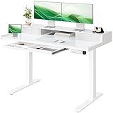 Marsail Glass Electric Standing Desk with Drawers, 48 x 24 Inch Stand Up Desk with Monitor Stand, Height Adjustable Desk with Drawers for Home & Office, 4 Preset Heights, White