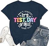 MOUSYA Teacher Shirts for Women Testing Shirt Funny Teach Graphic Shirts Teacher Gifts Short Sleeve Tee Tops Dark Blue