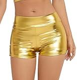 Gatielzana Women's Metallic Rave Booty Shorts Shiny High Waisted Bottoms for Dance Festival, Gold, M