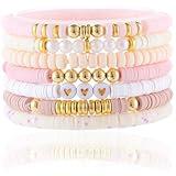 CCINPPY Friendship Bracelets Trendy Heishi Clay Bead Bracelets Stack Gold Beaded Stretch Bracelets for Women Boho Stackable Bracelets Bulk Cute Preppy Jewelry, Light Pink