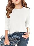 Haloumoning Girls Casual 3/4 Sleeve T Shirts Kids Crewneck Tops Fashion Tees 5-14 Years White