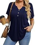 IN'VOLAND Summer Tops for Women Short Sleeve Tunic Top Blue T-Shirt V-neck Button Up Dressy Blouse Casual Pleated Pullover 3X