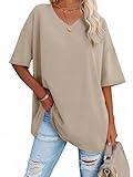 ATHMILE Womens Summer Oversized Shirts V Neck Plus Size Spring Workout Tops Beach Vacation 2025 Gym Clothes Khaki