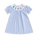 YolanerBaby Toddler Little Baby Girl 4th of July Dress Puff Short Sleeve Stripes Smocked Dresses Kids Fourth of July Outfit (American Flag Dress-Blue, 12-18 Months)