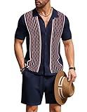 COOFANDY Men's Short Set 2 Piece Outfits Knit Button Up Shirt Retro Short Sleeve Polo Shirts and Short Set Summer Beach Suit Navy Blue